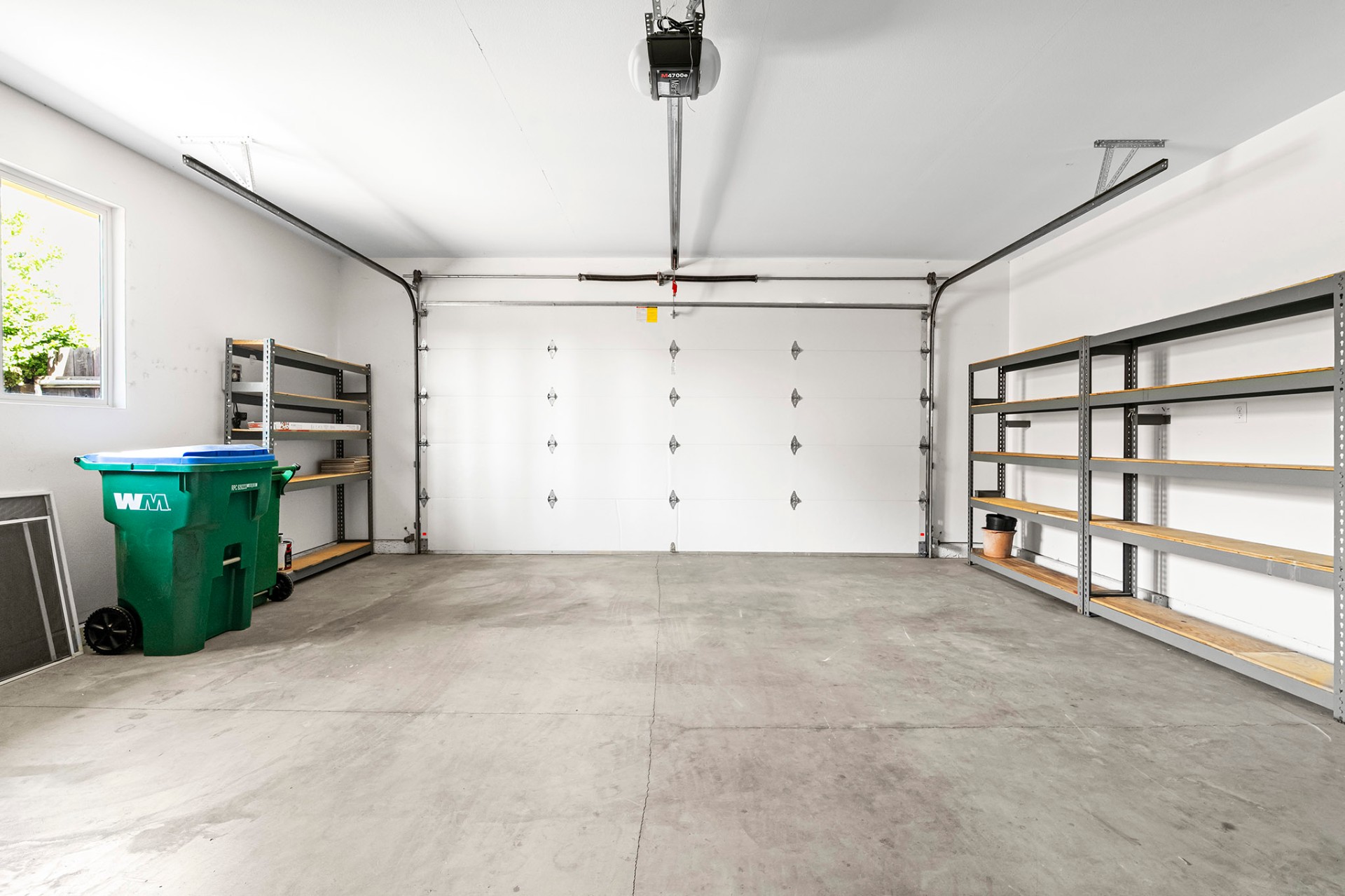 Two-car garage with shelving