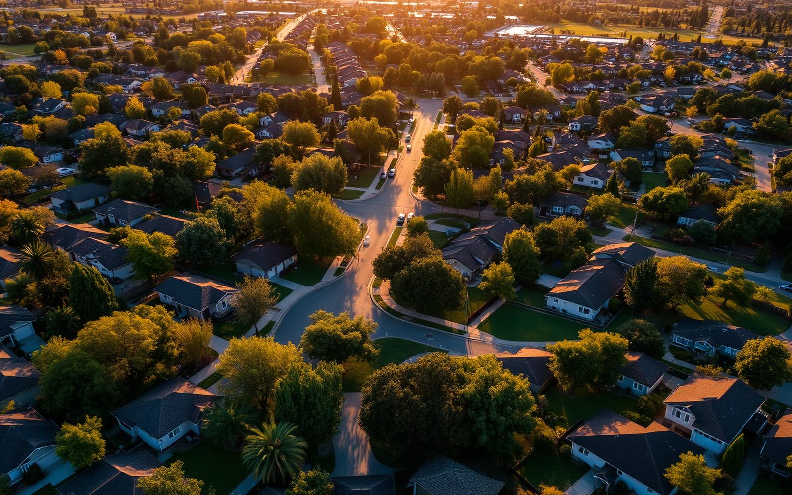 Aerial view of a Chico, California neighborhood at golden hour with tree-lined streets and single-family homes