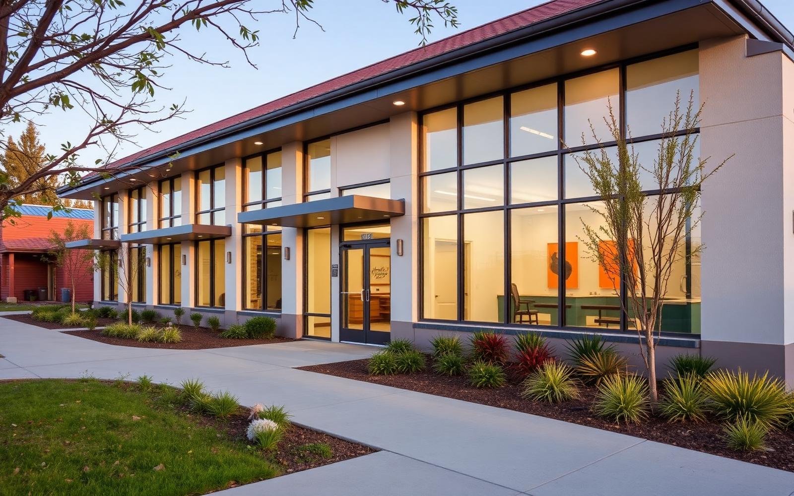 Exterior of a modern medical office building with large windows at golden hour