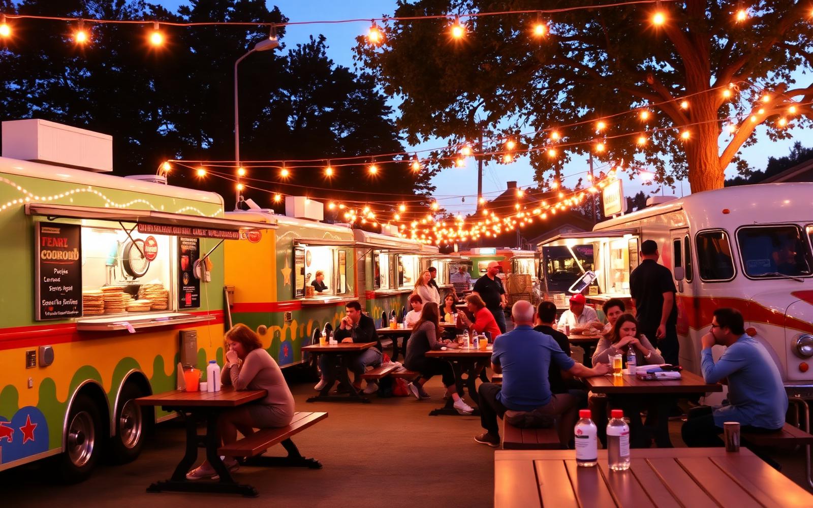 A row of food trucks at dusk with warm string lights overhead