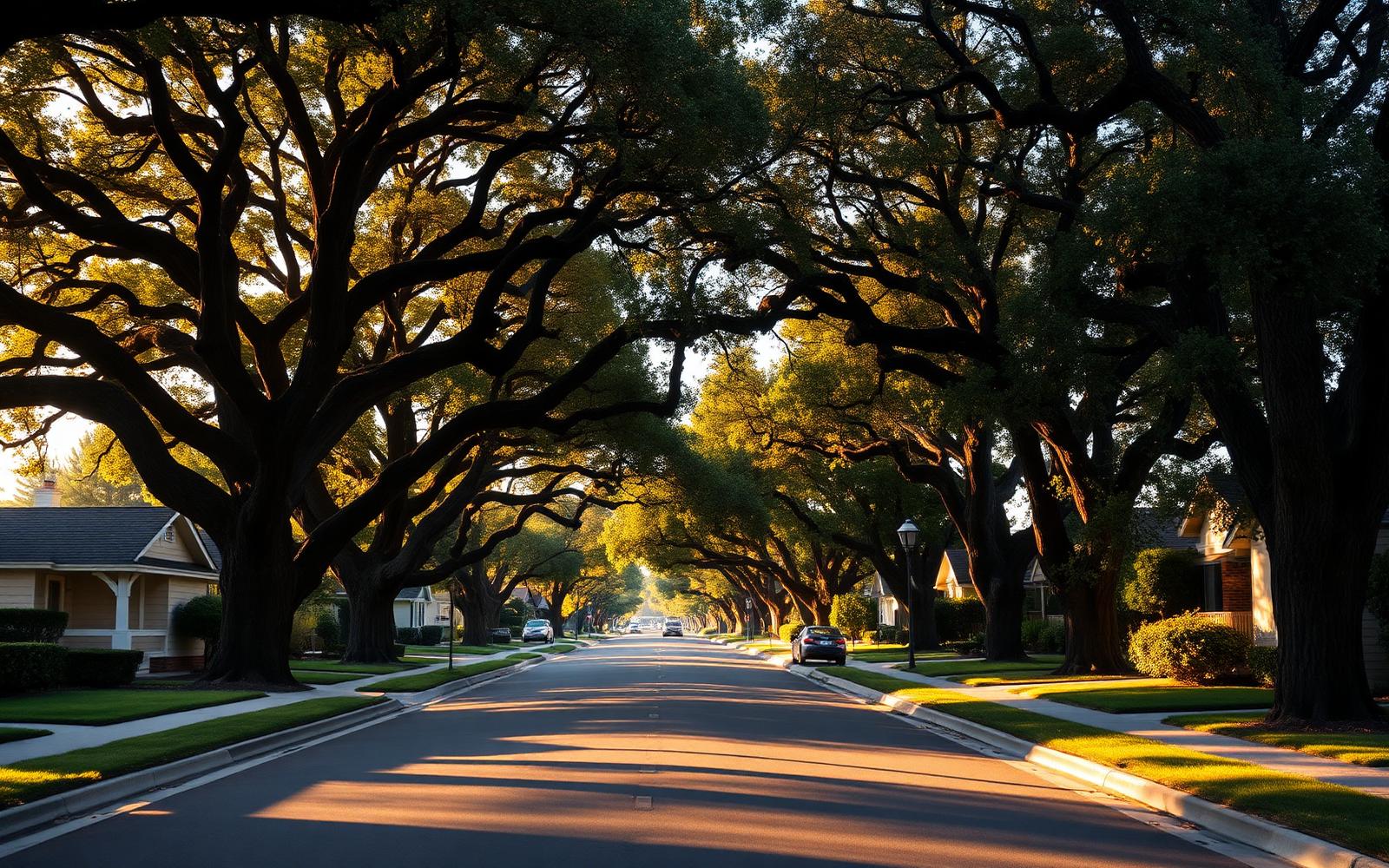 Tree-lined residential street at golden hour in a Chico, California neighborhood