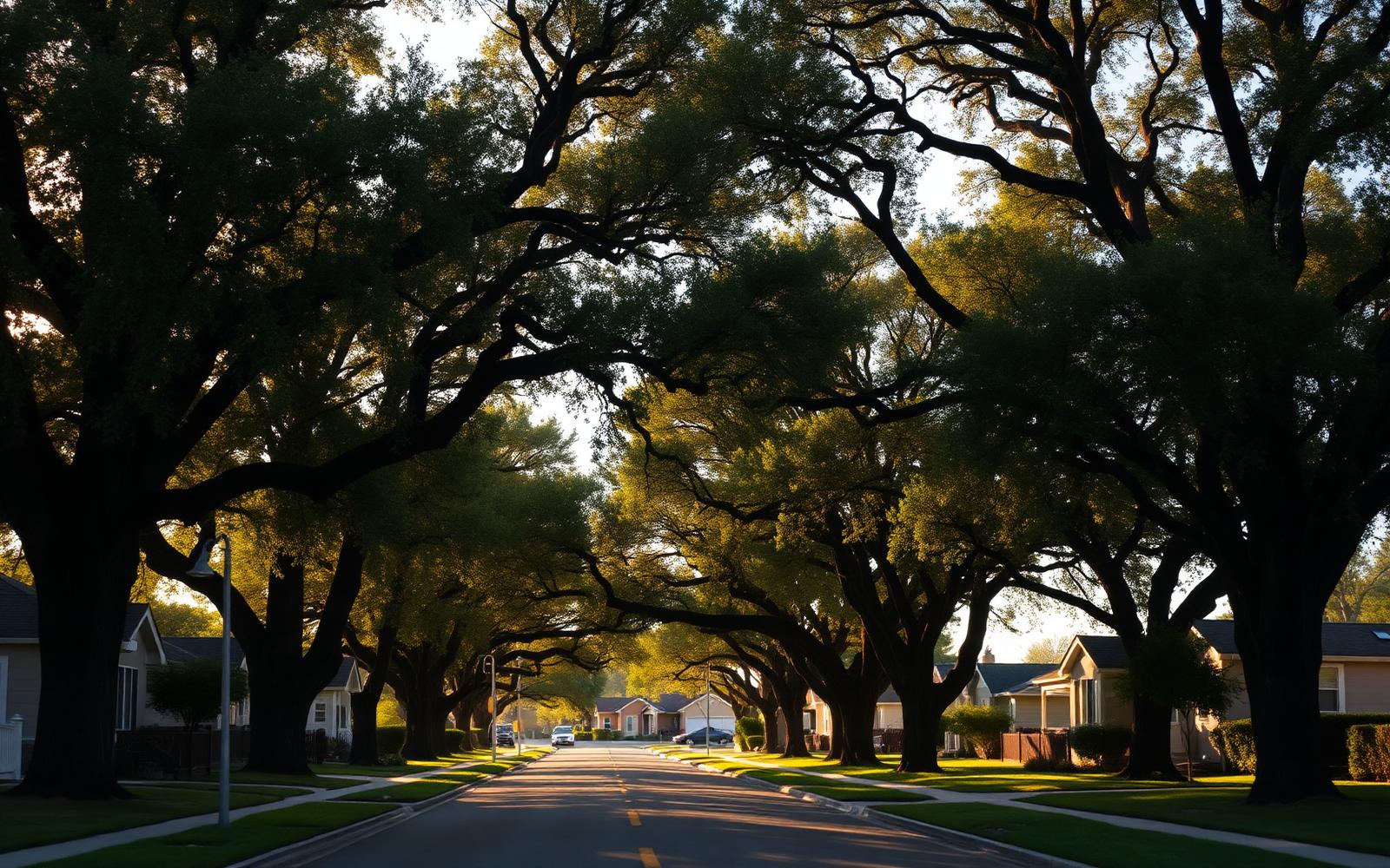 A tree-lined residential street in Chico, California at golden hour