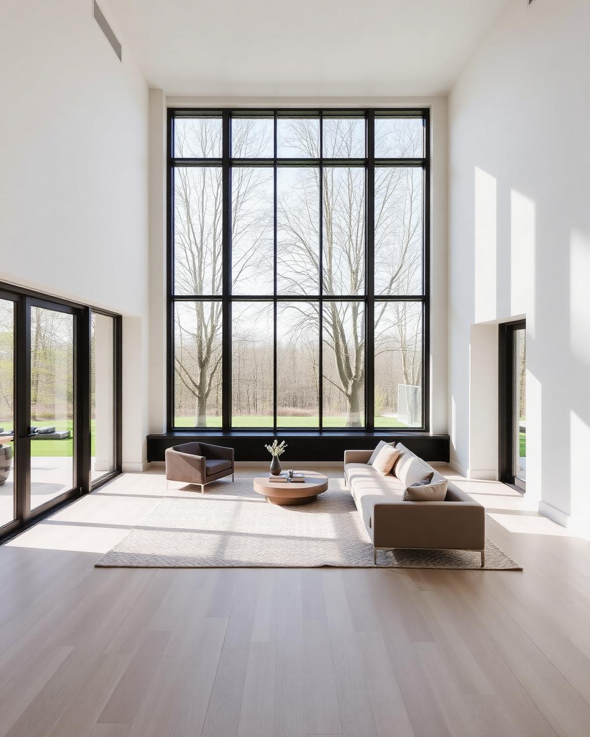Light-filled living room with floor-to-ceiling windows and white oak floors