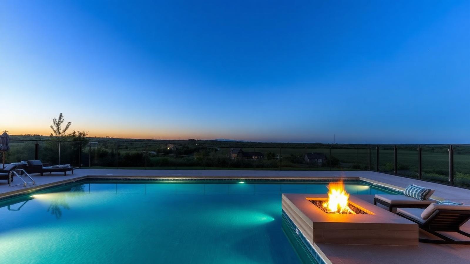 Saltwater pool and fire pit at dusk